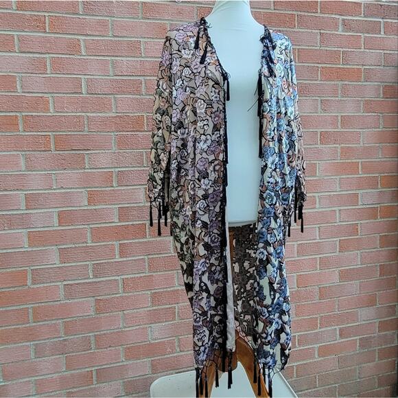 Sterling Styles Burnout Velver Beaded Tassel Fringe Boho Kimono Duster One Size - Picture 3 of 12